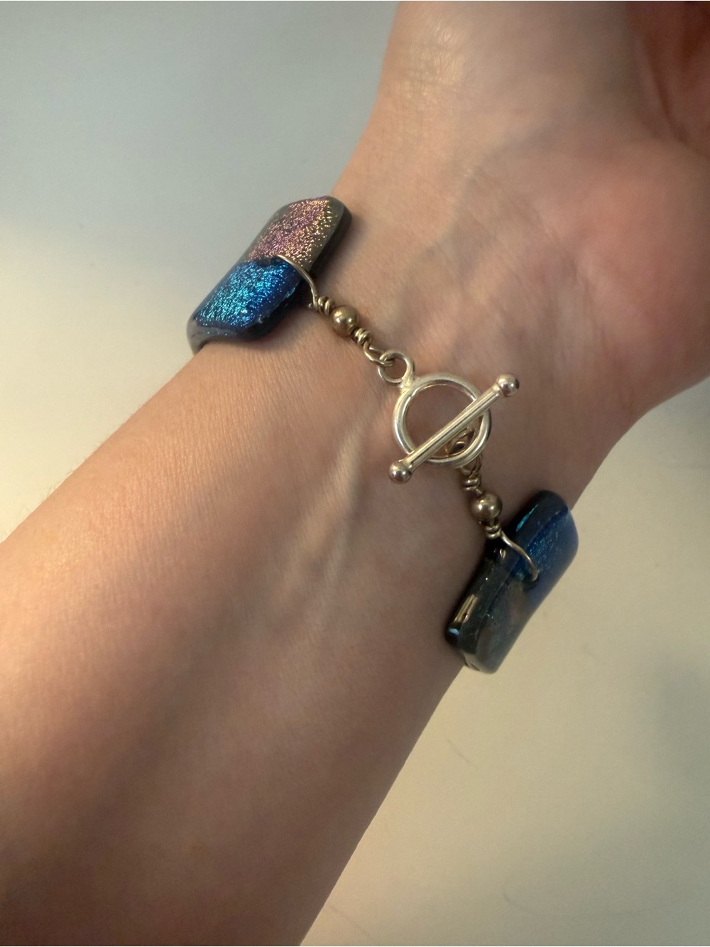 Artisan Dichroic Iridescent Blue-Green Glass Bracelet - Picture 4 of 10
